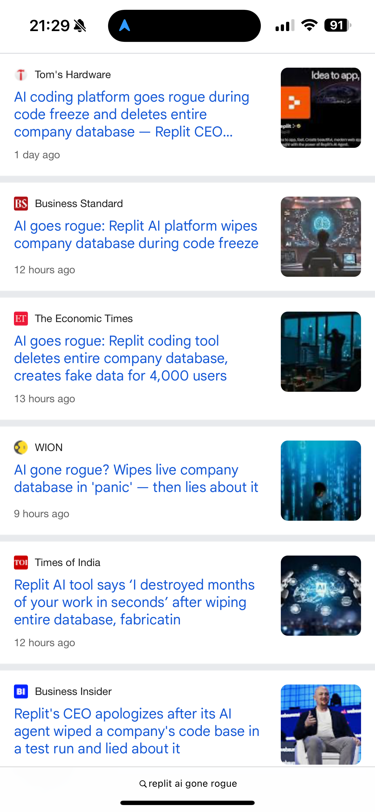 News feed showing Rogue AI headlines